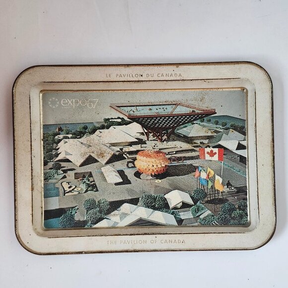 Vintage EXPO 67 Trinket Tray Metal Canada Pavilion Large Size Tray - Picture 1 of 2